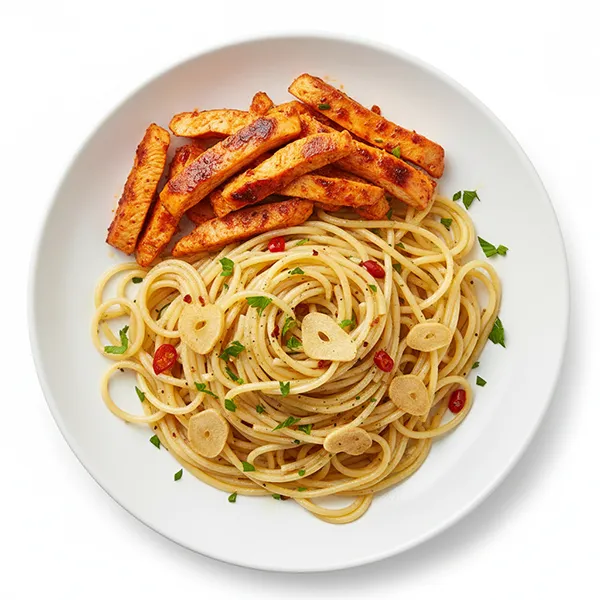 Spaghetti aglio e olio with red spice chicken julienne